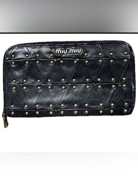 Miu Miu Quilted Black Leather Zip Wallet With Golden Studded Accents